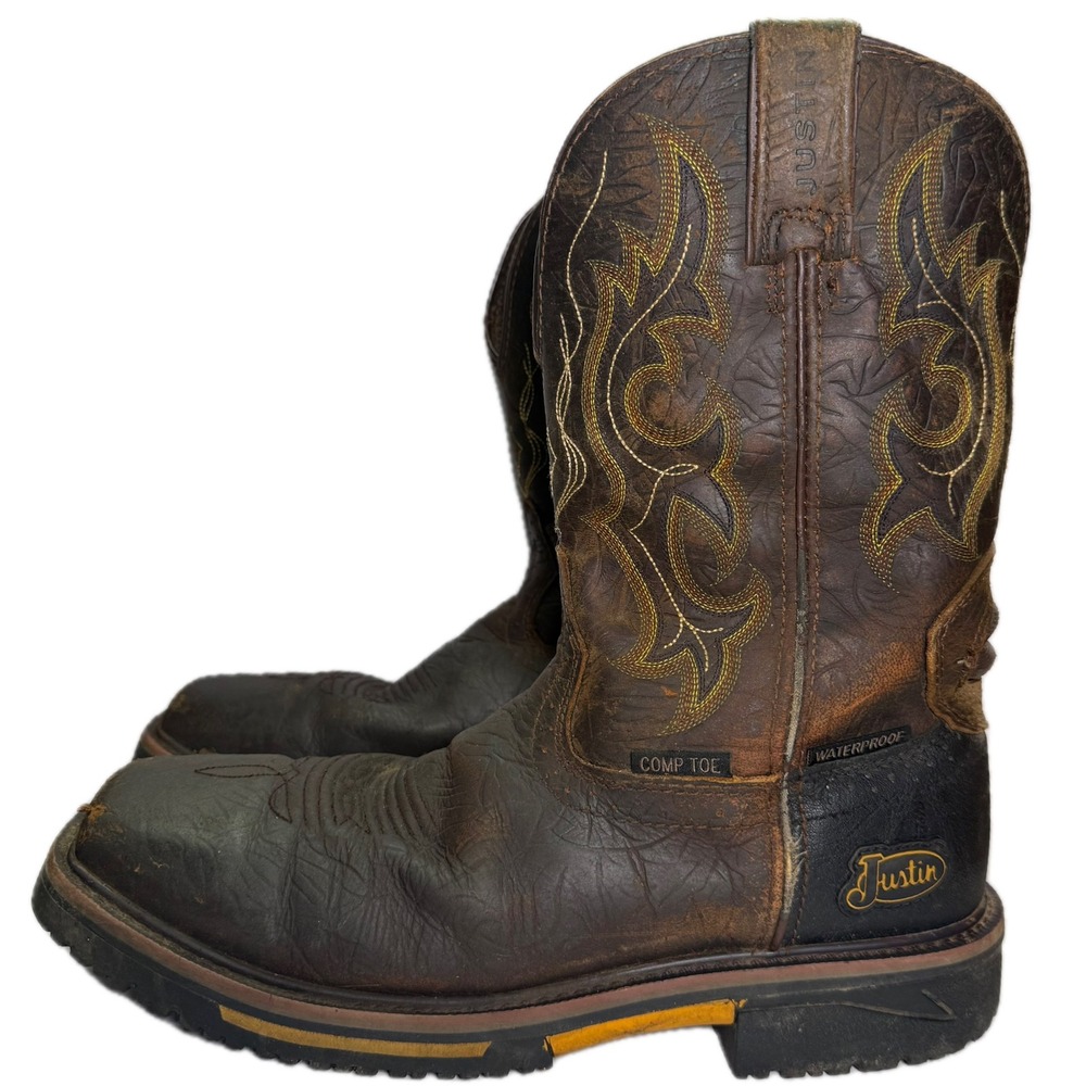 Justin Work Boots Mens 10.5 D Brown Waterproof Comp Toe SE4625 Western Cowboy